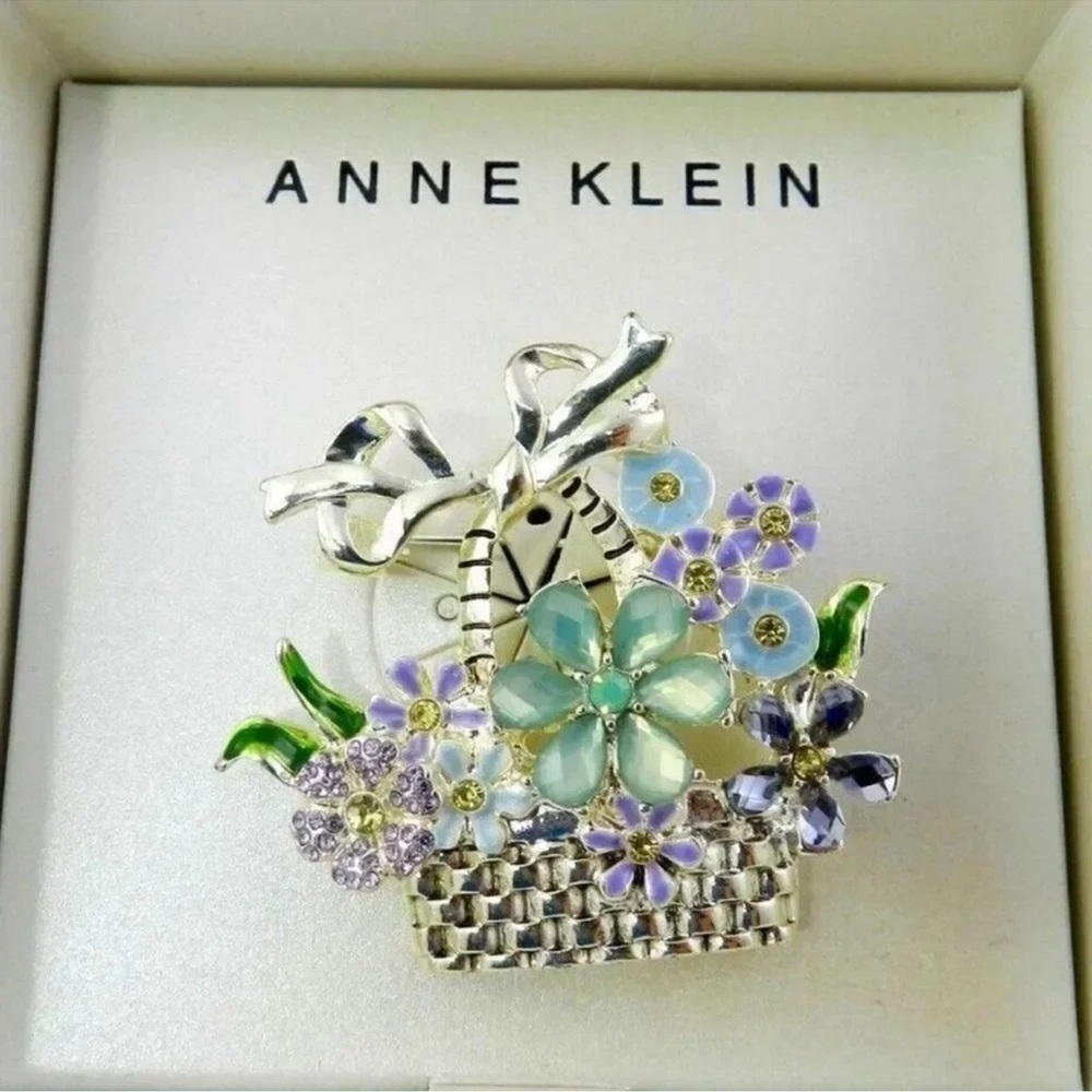 Anne Klein Silver-Tone Multi-Stone Flower Basket Pin - Picture 2 of 3