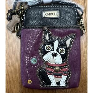 NEW CHALA BOSTON TERRIER CELL PHONE CROSSBODY PURSE ADJUSTABLE STRAP PURPLE‎ NWT