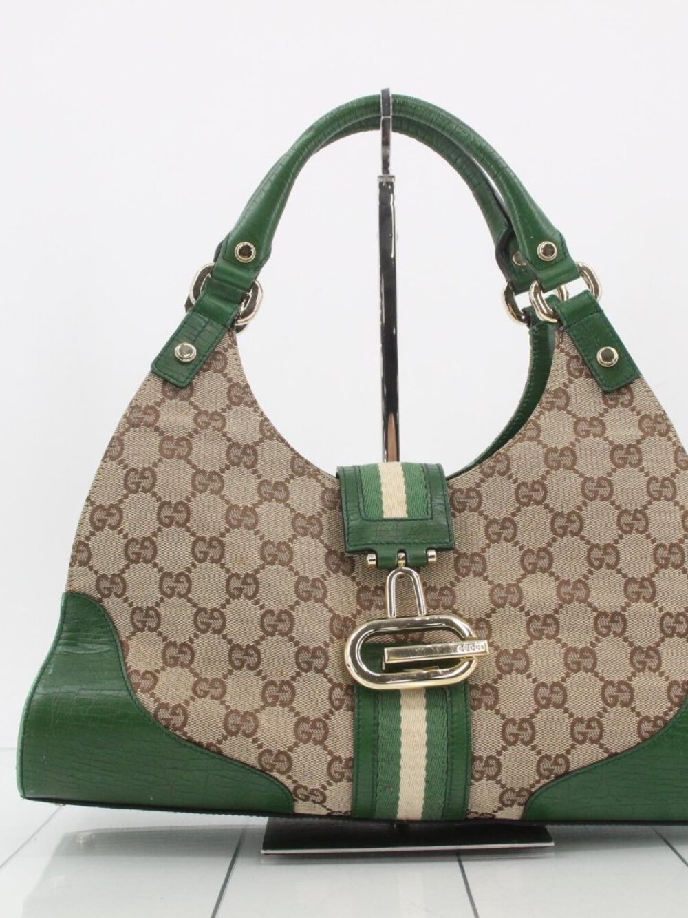 Gucci Beige GG Canvas Shoulder Bag with Green Trim