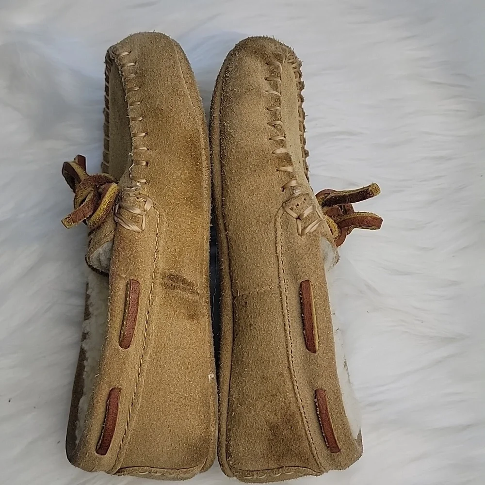 POLO RALPH LAUREN Tan Suede Shearling Preppy Loungewear Boho Moccasin Slippers - Picture 4 of 10