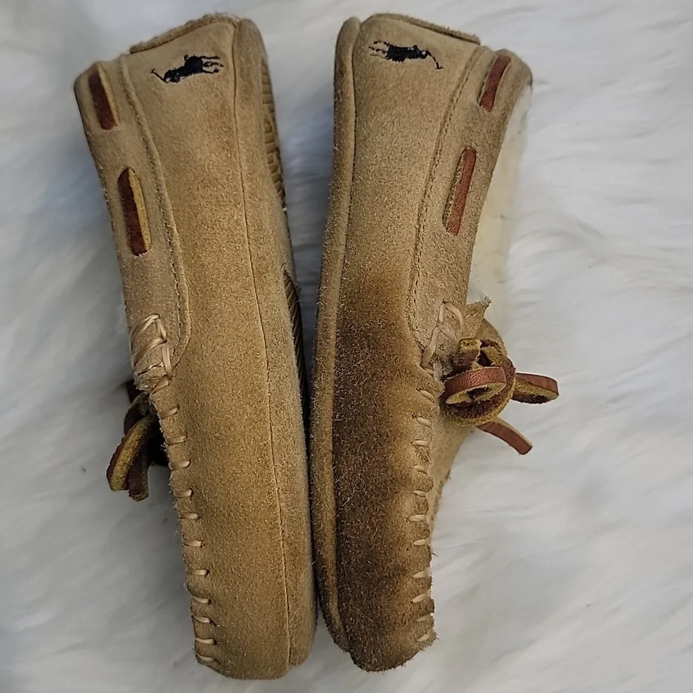 POLO RALPH LAUREN Tan Suede Shearling Preppy Loungewear Boho Moccasin Slippers - Picture 5 of 10