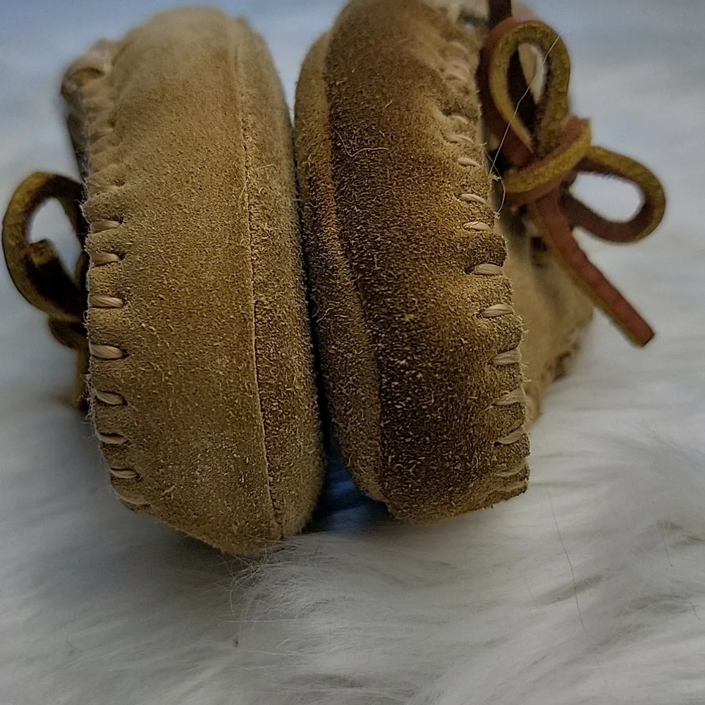 POLO RALPH LAUREN Tan Suede Shearling Preppy Loungewear Boho Moccasin Slippers - Picture 6 of 10