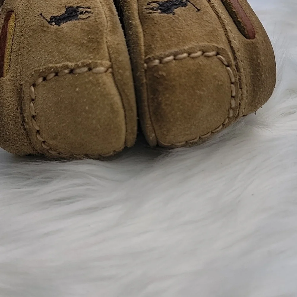 POLO RALPH LAUREN Tan Suede Shearling Preppy Loungewear Boho Moccasin Slippers - Picture 7 of 10