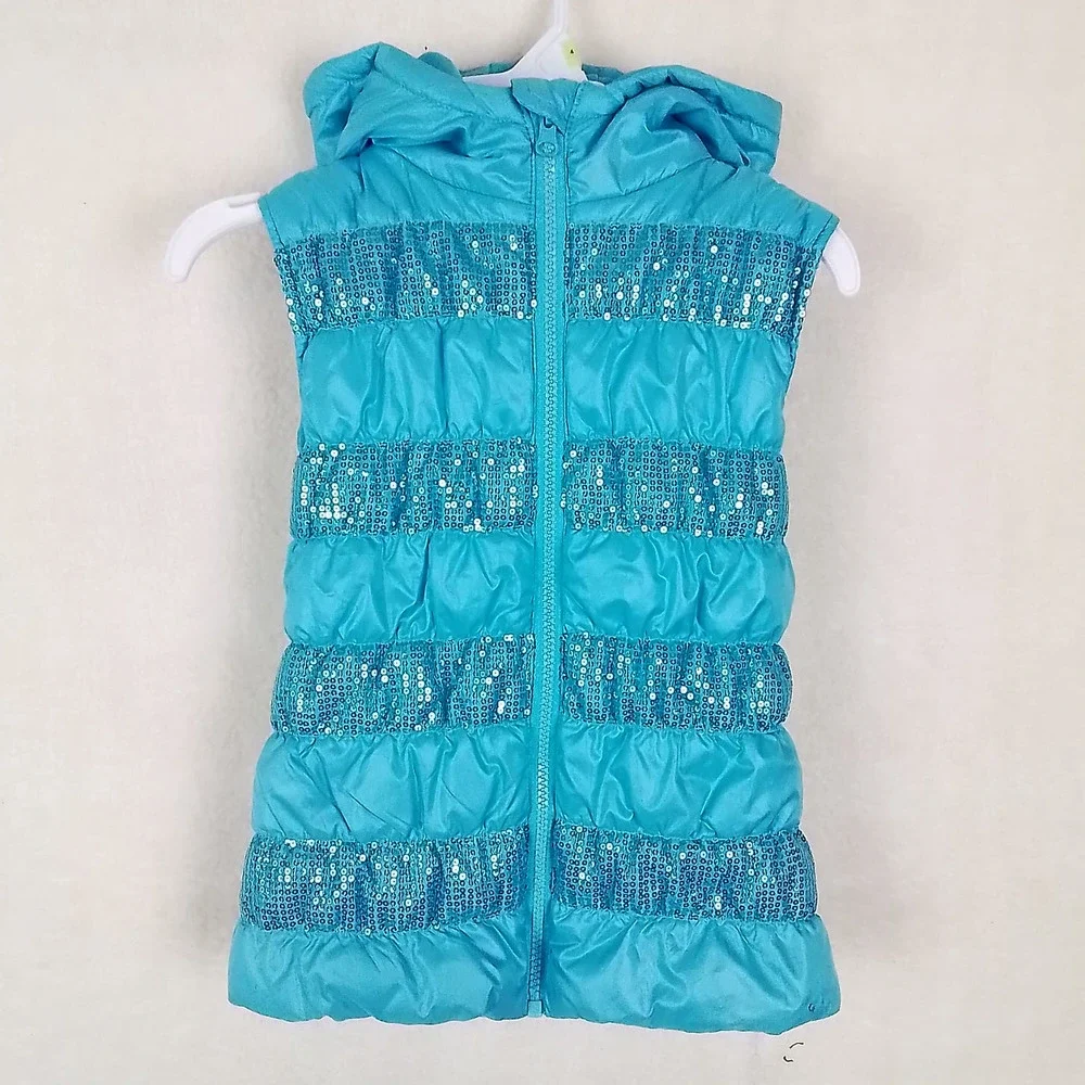 Girl's Lightweight Puffer Vest Hoodie Size Small in Blue w/ Sequins - Picture 1 of 9