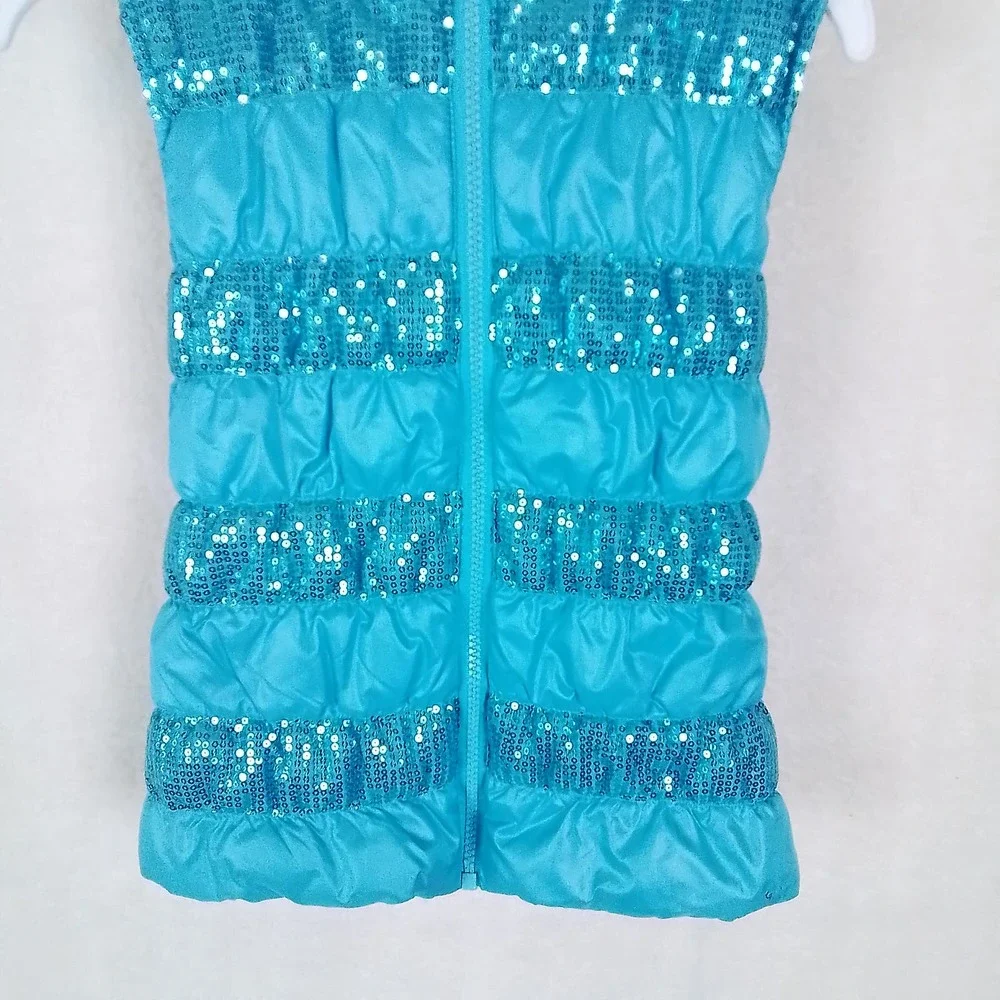 Girl's Lightweight Puffer Vest Hoodie Size Small in Blue w/ Sequins - Picture 5 of 9