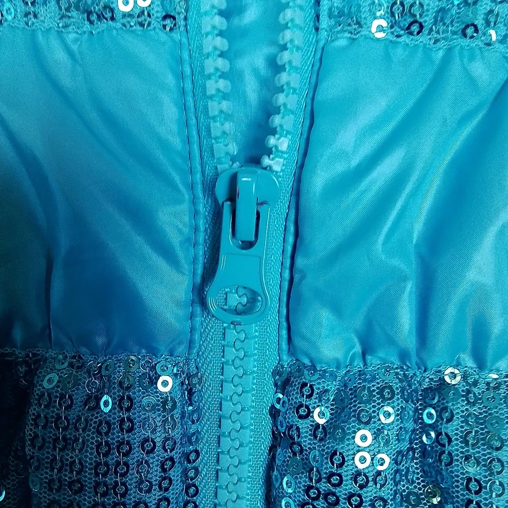Girl's Lightweight Puffer Vest Hoodie Size Small in Blue w/ Sequins - Picture 6 of 9