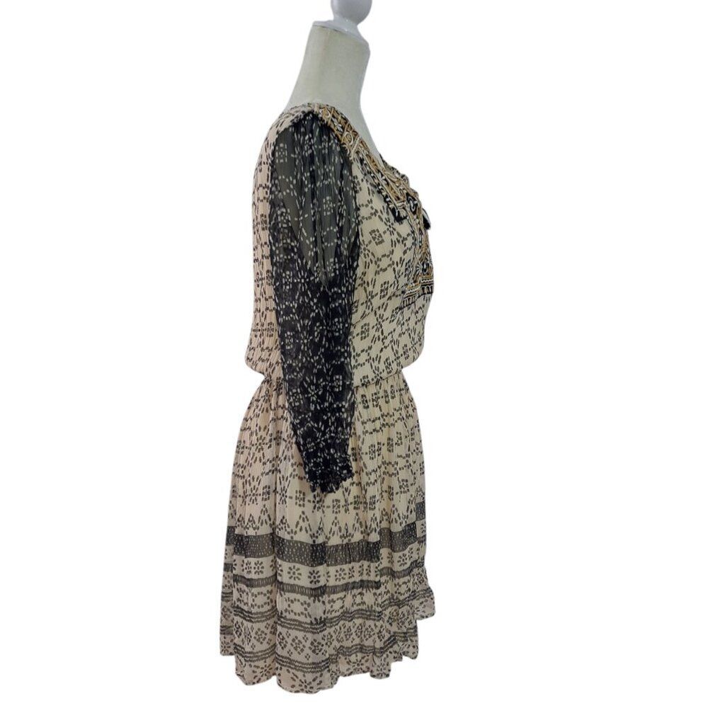 Lucky Brand Women's Boho Beige Black Embroidered 3/4 Sleeve Tassel Dress Sz M - Picture 3 of 9