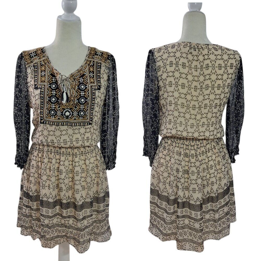 Lucky Brand Women's Boho Beige Black Embroidered 3/4 Sleeve Tassel Dress Sz M - Picture 4 of 9