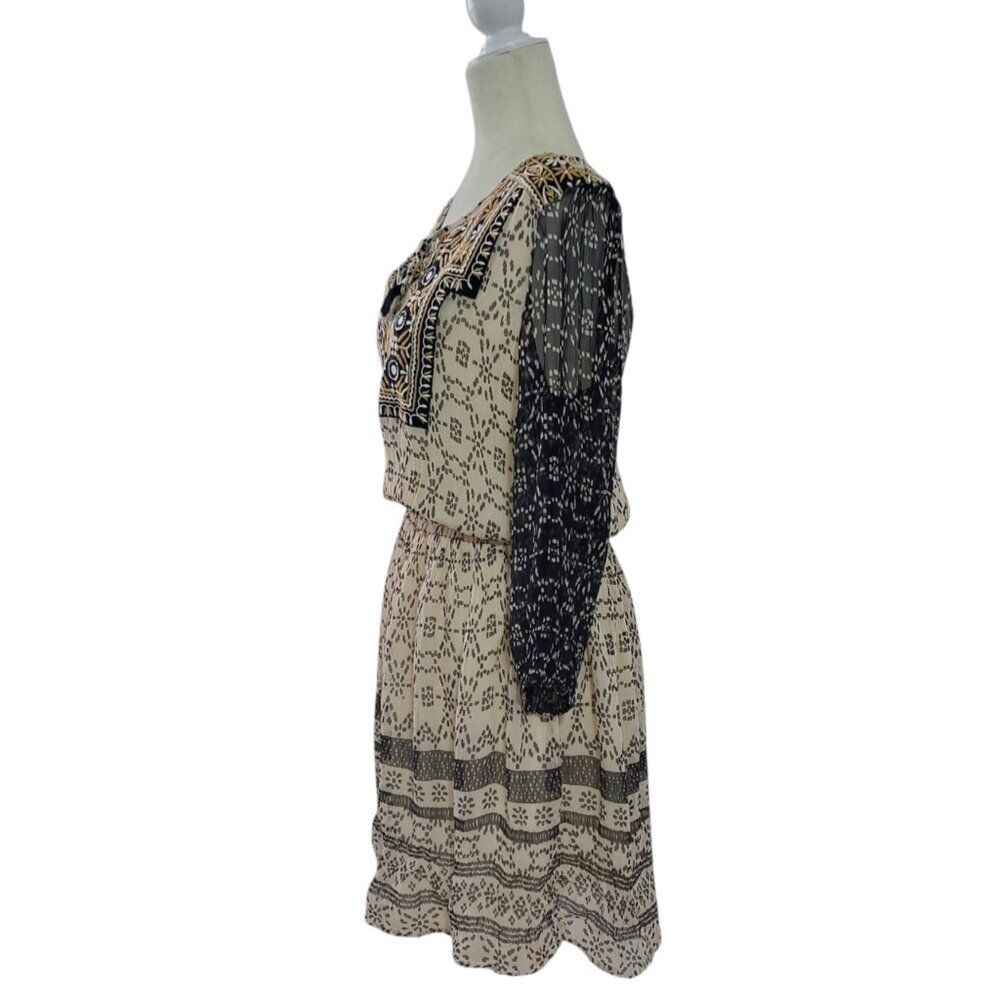 Lucky Brand Women's Boho Beige Black Embroidered 3/4 Sleeve Tassel Dress Sz M - Picture 5 of 9