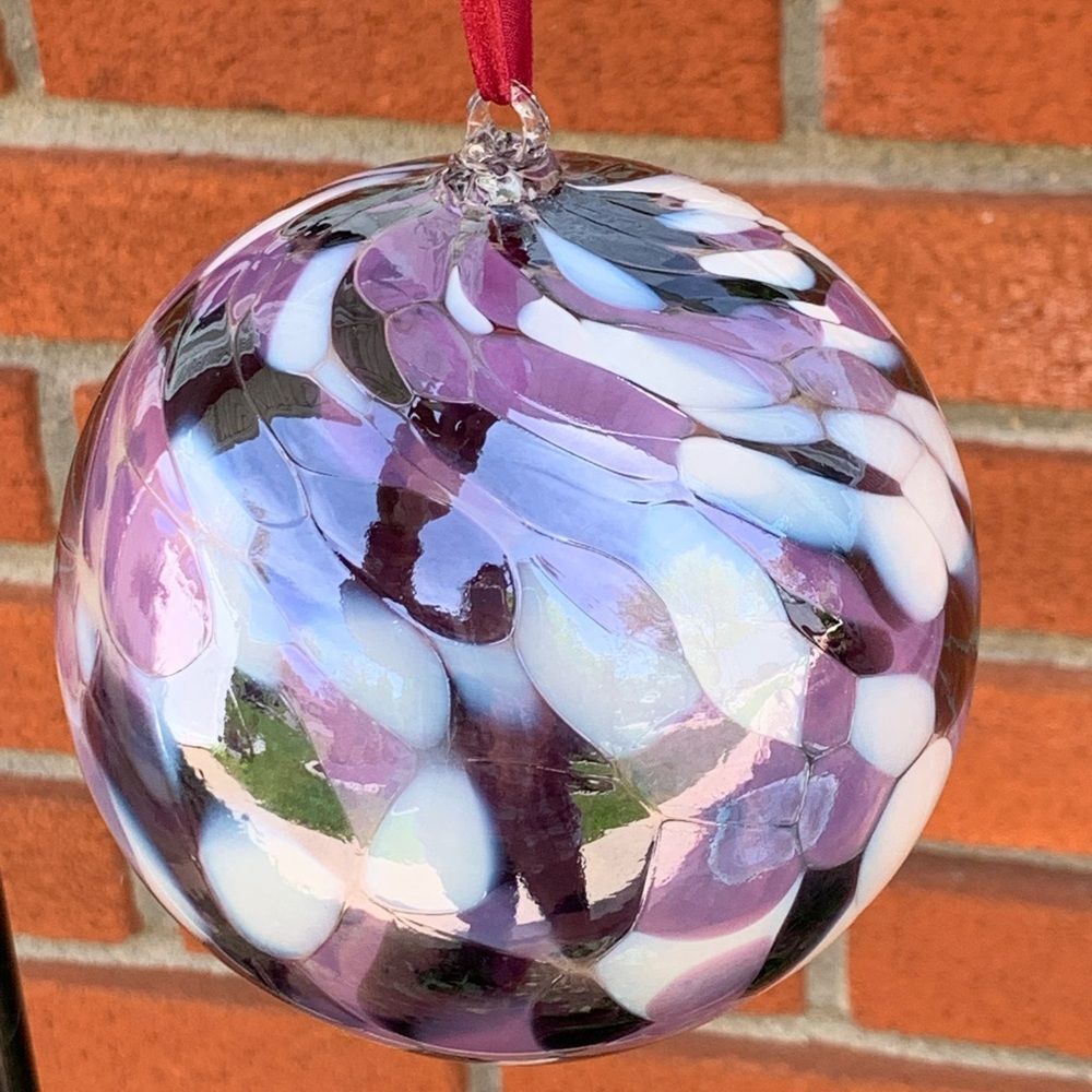 Handmade Artisan Glass Ornament - Purple and White