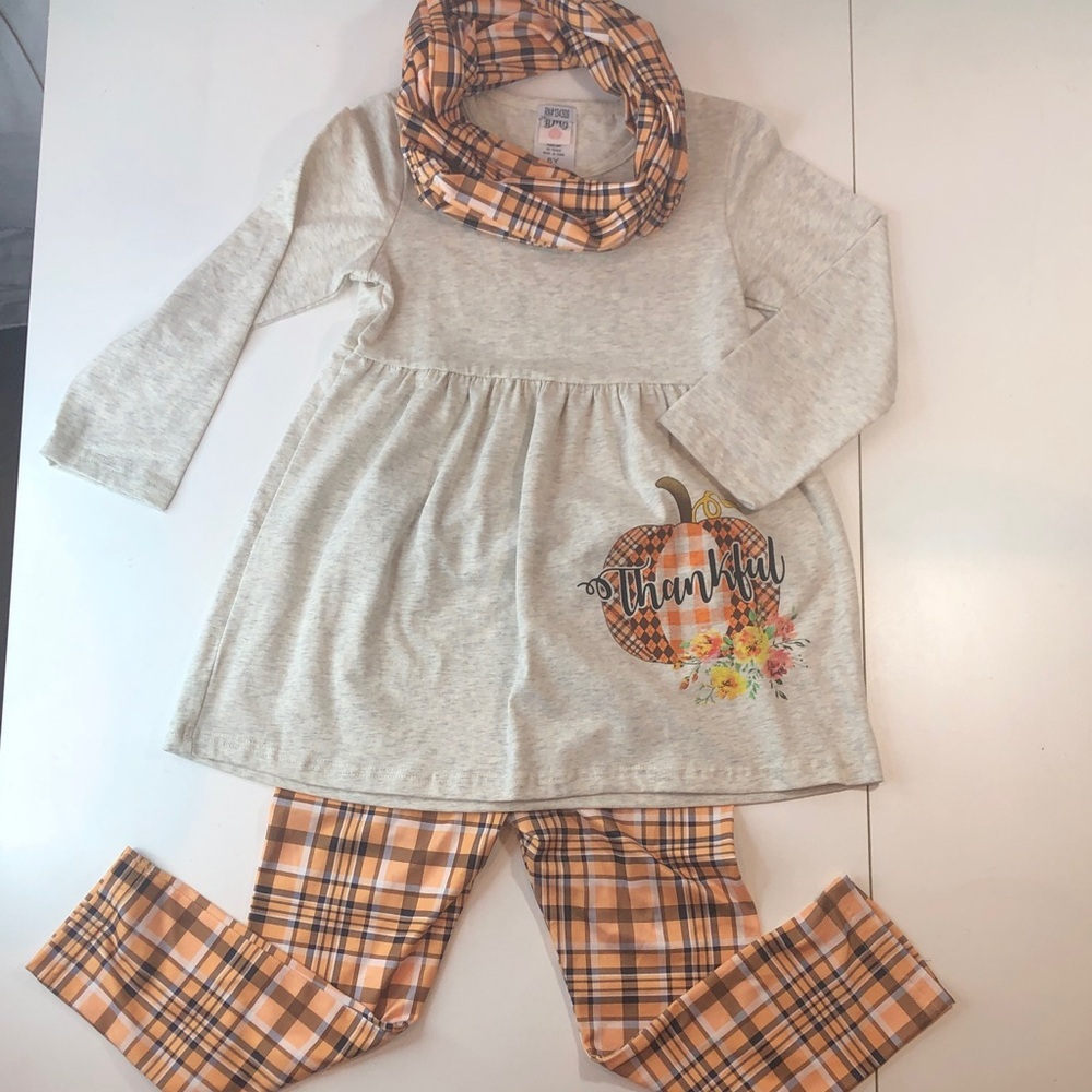 NEW Mia Bella Thankful Pumpkin Tunic Plaid Leggings Scarf Set girls size 6 NWOT