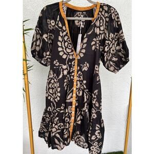 Anthropologie Black Mini Dress with Cream Floral Print and Mustard Trim