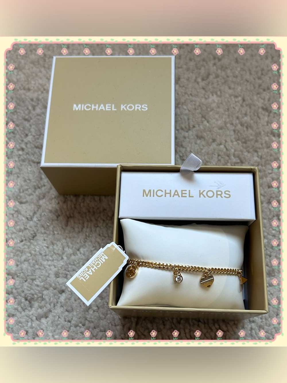 NIB Michael Kors Gold Tone Brass Charm Bolo Bracelet OS