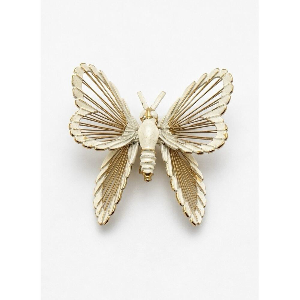 Monet Butterfly Brooch White Enamel Gold Tone Openwork Wings 1.75” Vintage Pin