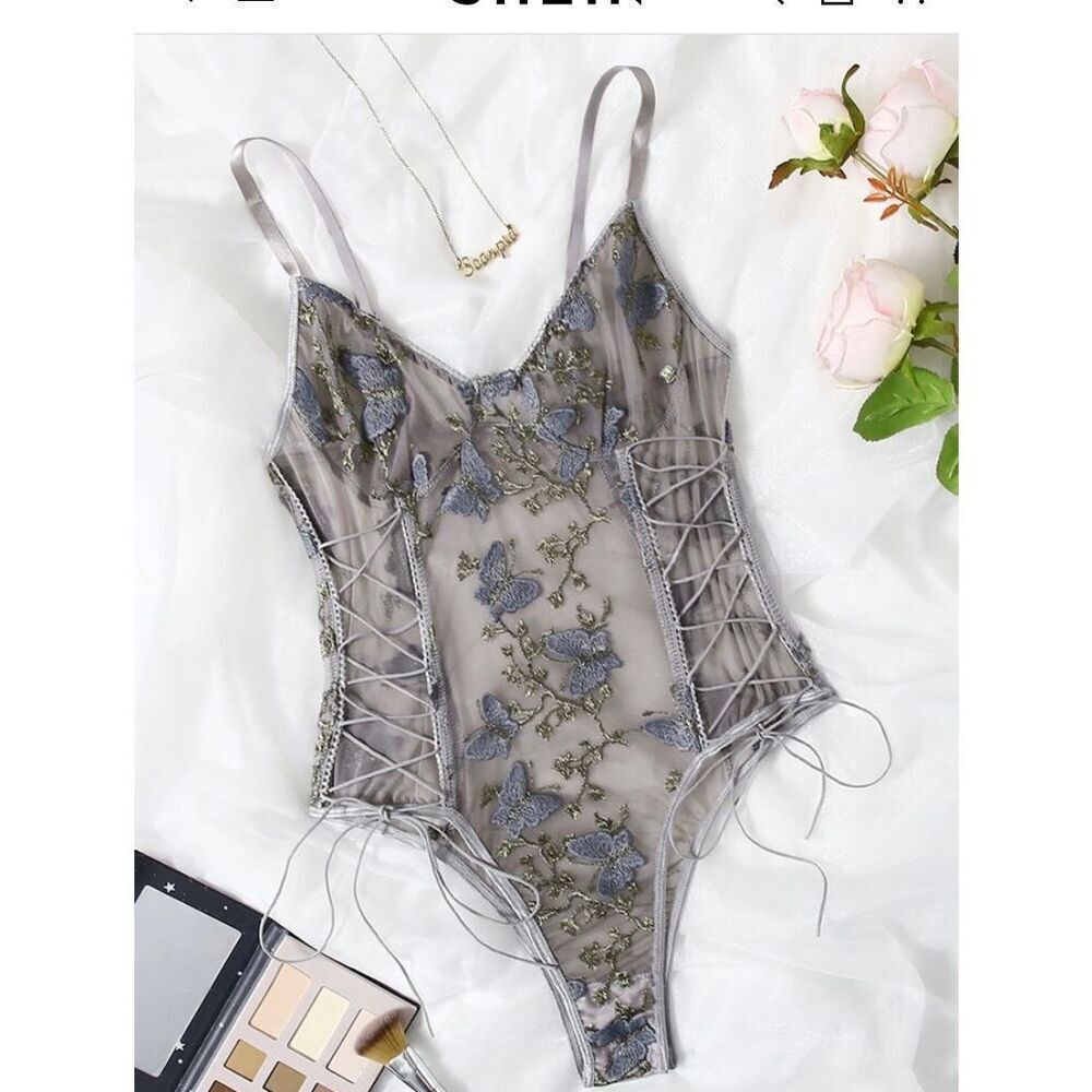 SHEIN Butterfly Embroidered Mesh Teddy Bodysuit Lingerie Medium