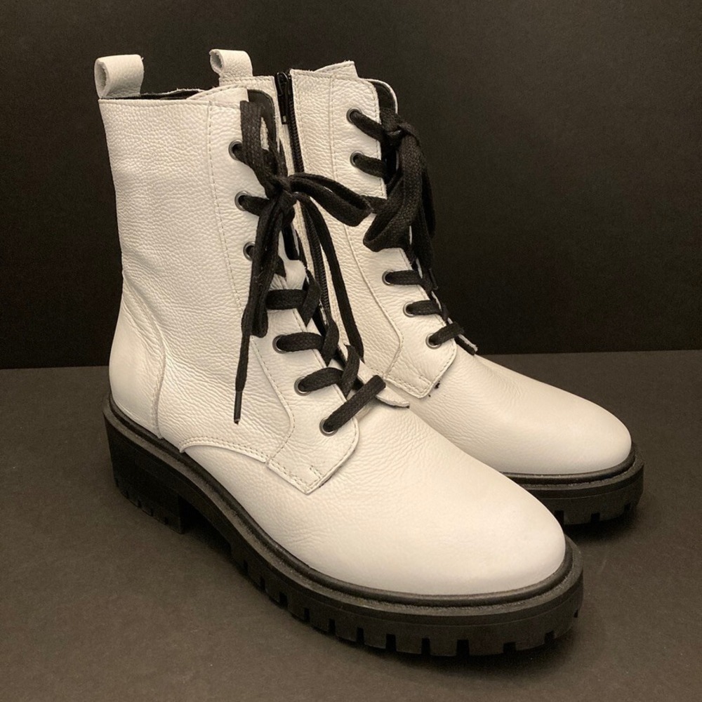 Crown Vintage Combat Boot White Leather Womens 10 M Side Zip Lace‎ Up