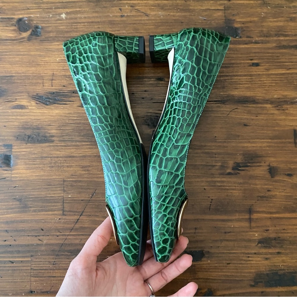 Frances Valentine Mary Mini Block Heel Croco Emboss Green Leather Pumps Sz 9 - Picture 6 of 11