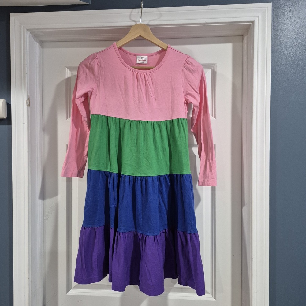 Hanna‎ Andersson Dress Girls 140 cm 10 Rainbow Tiered Twirl Midi Cotton