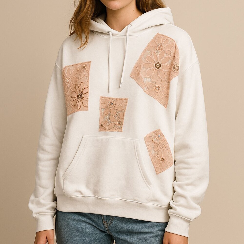 Luxe Patchwork Lace Hoodie Handmade Embellished Oversized Chic Hoodie XXL