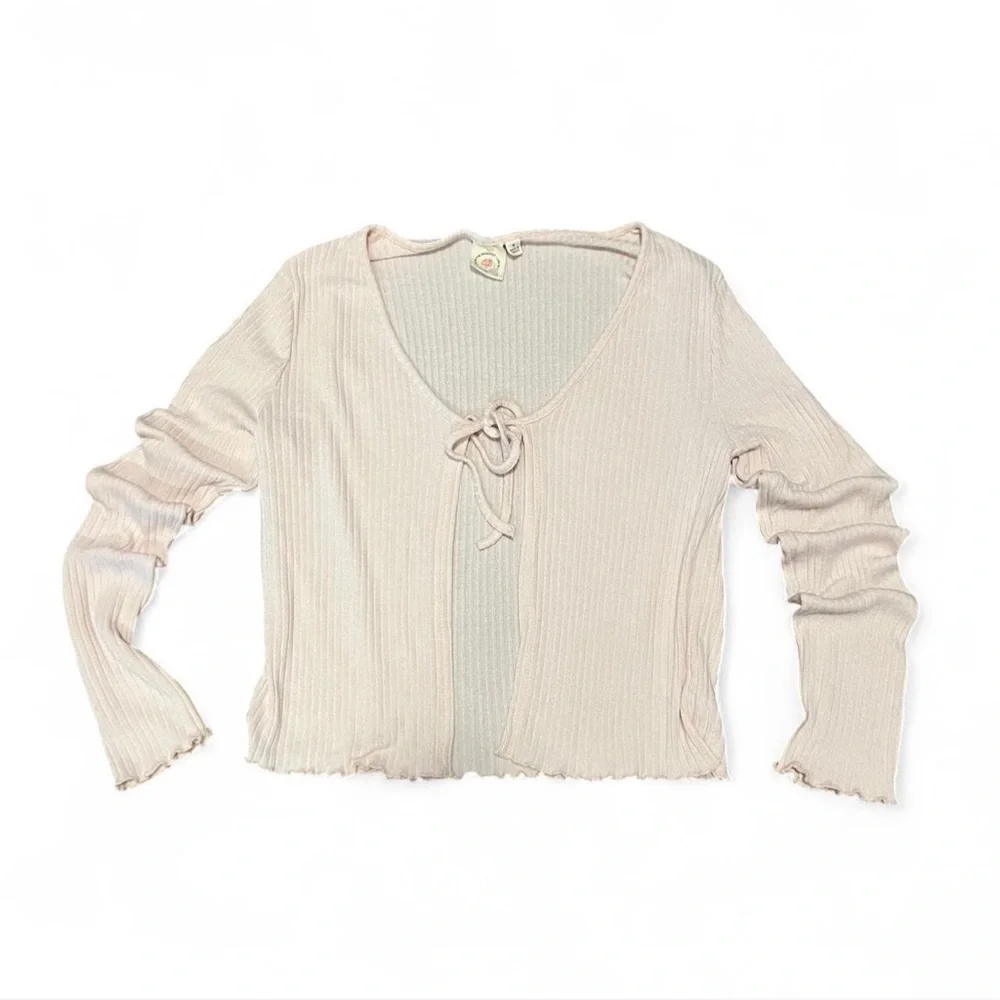 Women's Pink Ribbed Top with Tie and Ruffled edges - Picture 1 of 4