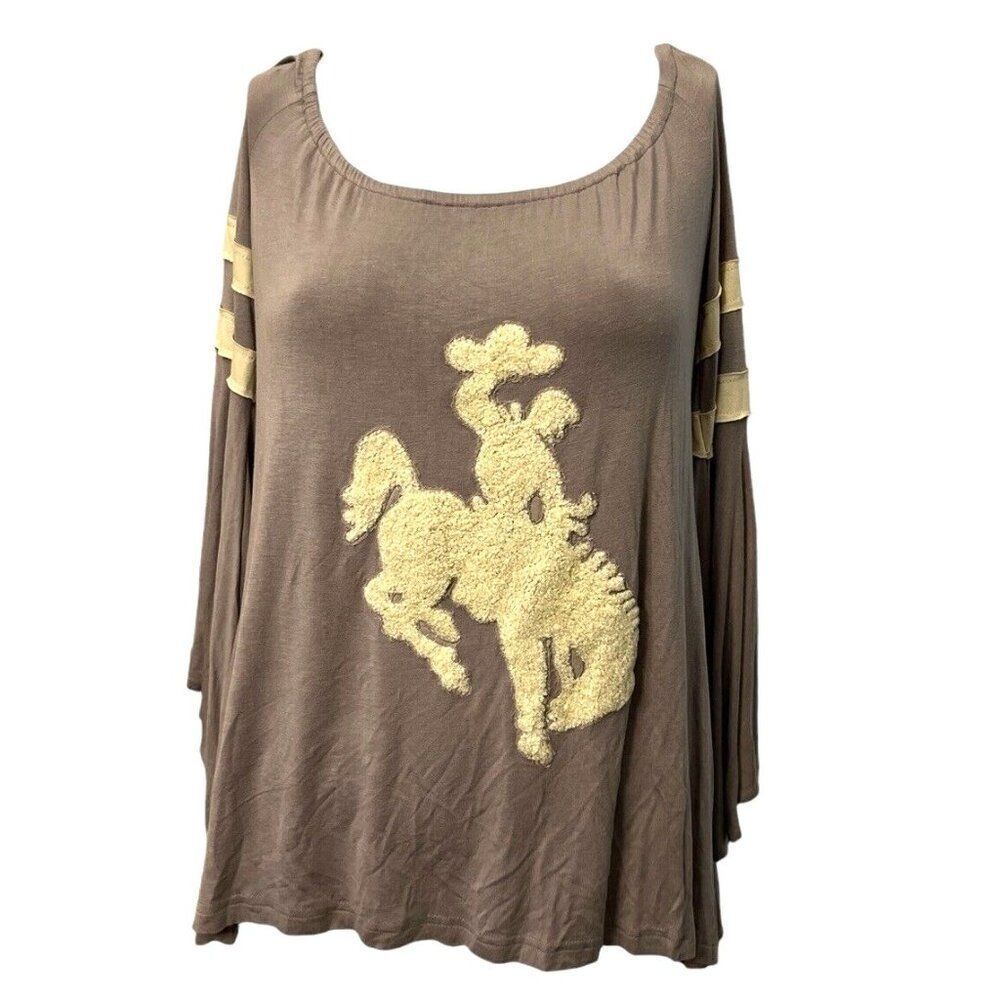 Ladies Small Bucking Bronco Cowboy Long Bell Sleeve Tunic Blouse Rodeo Top Horse