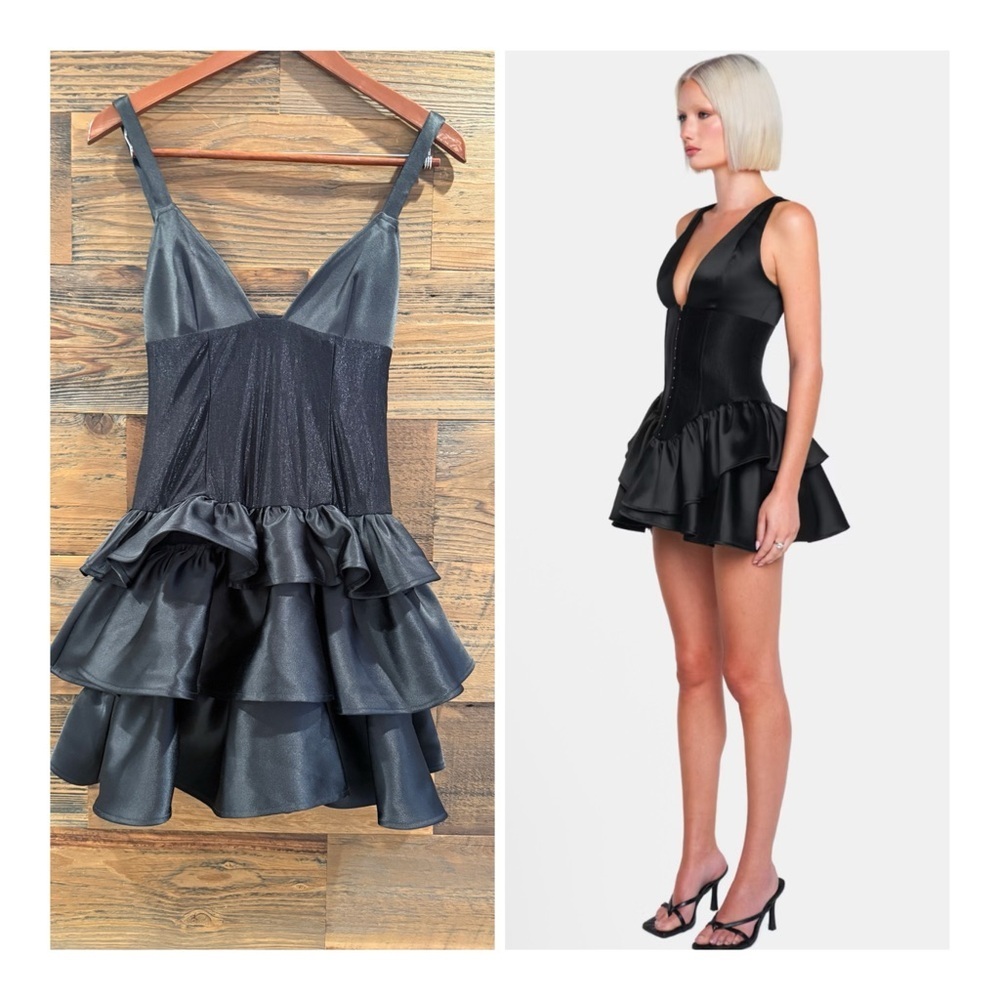 OW Collection Elegant Black Corset Ruffled Mini Dress w Strap Detail NWT - Picture 2 of 10