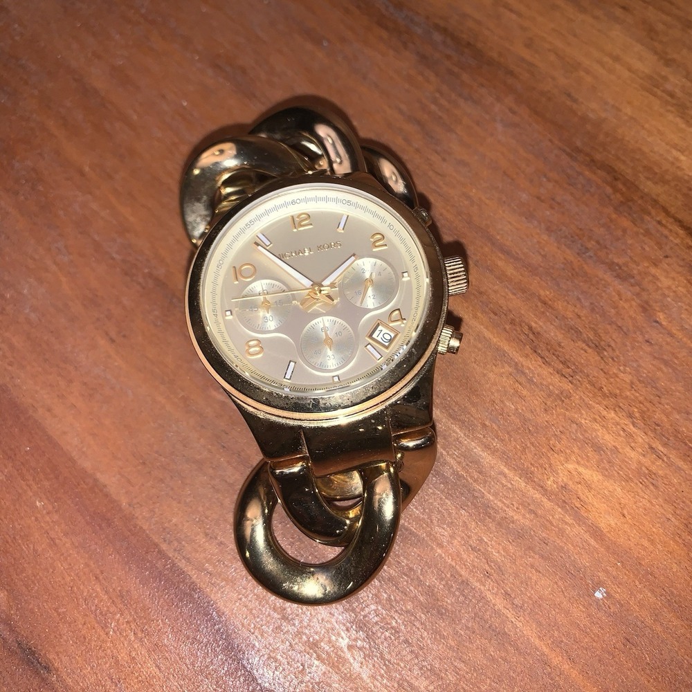 MICHAEL KORS  WATCH RUNWAY TWIST GOLD‎ TONE CHRONOGRAPH CHAIN MK3131 NEW BATTERY