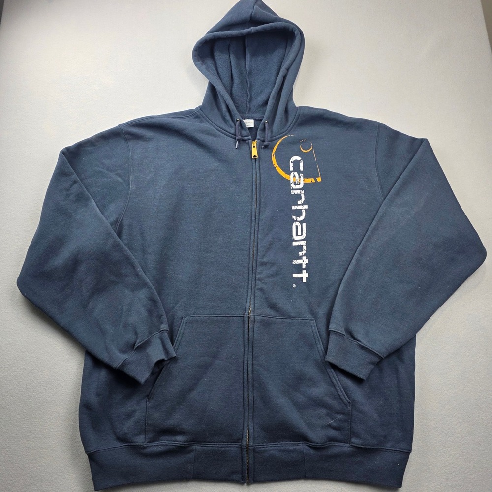 Carhartt Mens 2XL Navy Blue Full‎ Zip Hoodie Distressed Graphic Logo 100077 472
