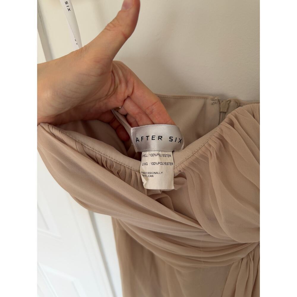 After Six Beige Cream Strapless Chiffon Maxi Bridesmaid Gown - Picture 2 of 7