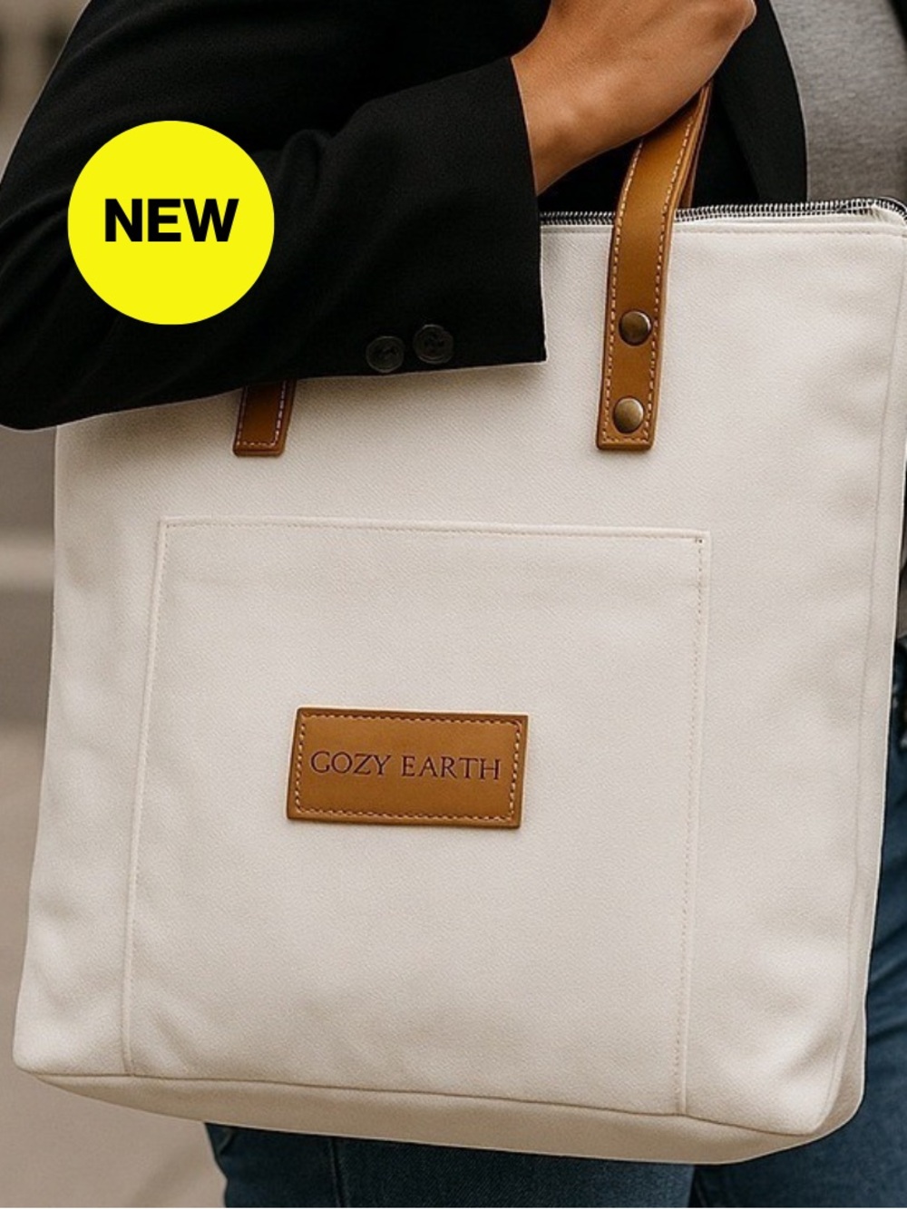 COZY EARTH 🤍 NEW White Canvas Shoulder Tote Bag with Tan Handles