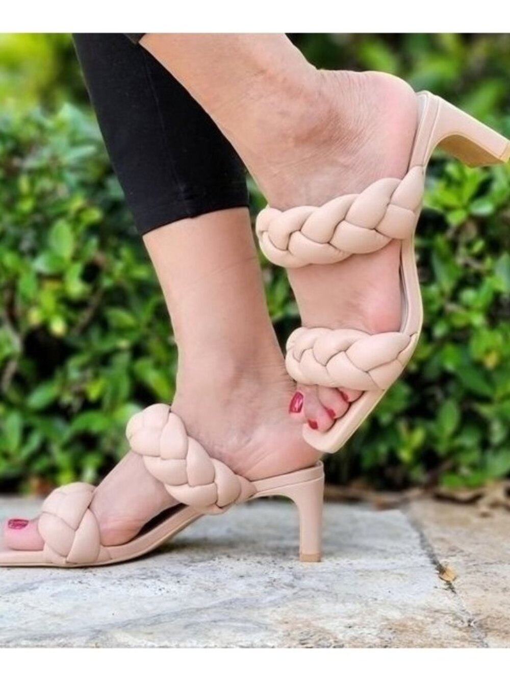 Women's Nude Double Braided Square Toe Mule Low Heel Sandal