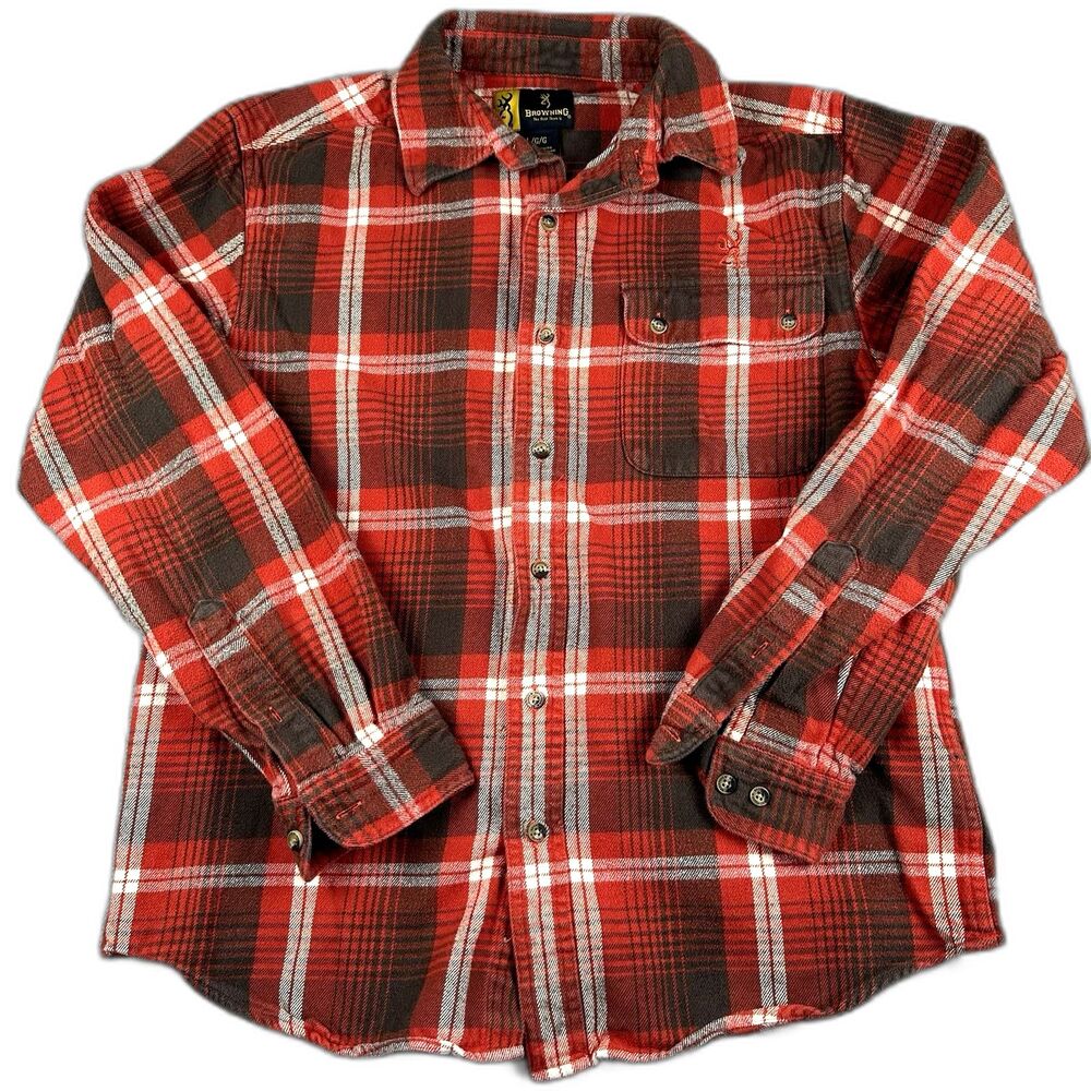 Browning Mens Re Plaid Flannel Shirt Button Up Hunting Work Wear Embroidered
