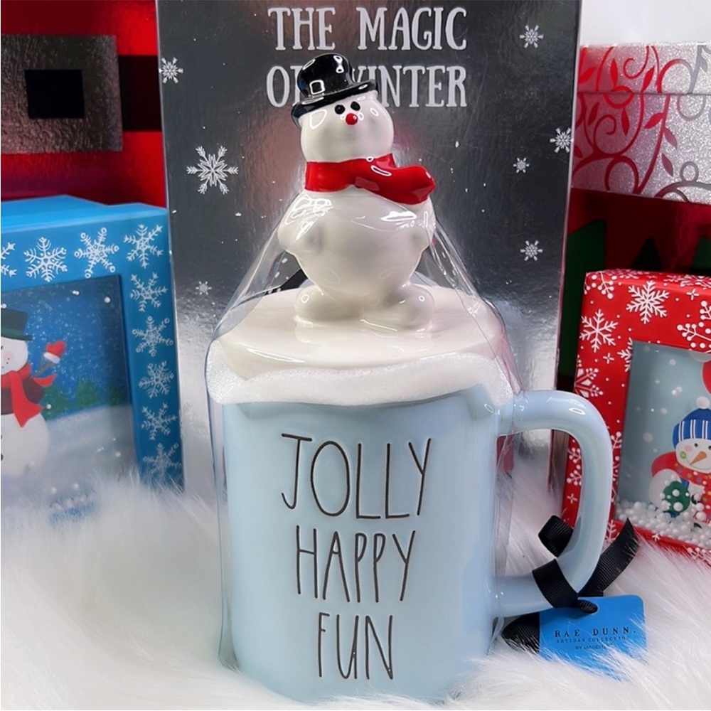 Rae Dunn Jolly Happy Fun Mug & Frosty The Snowman Hat‎ Topper Cup