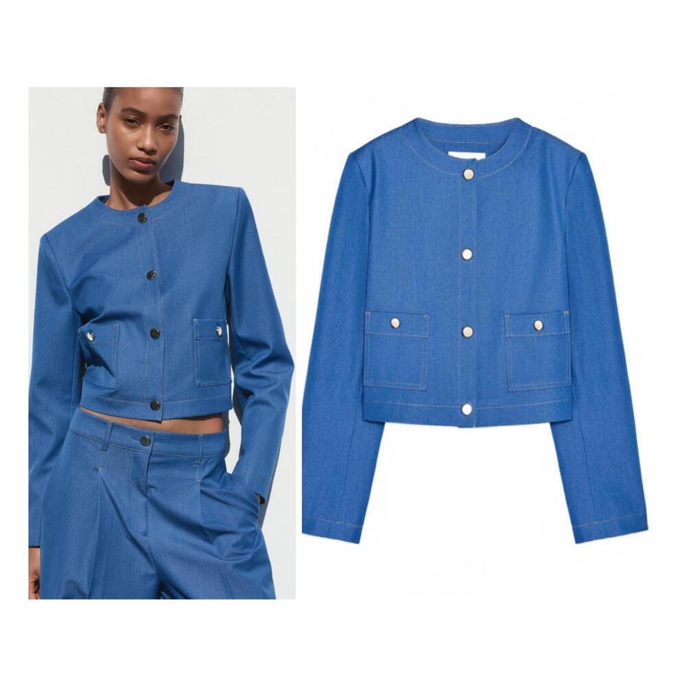 Zara Contrast Stitching Cropped Denim Jacket Crop