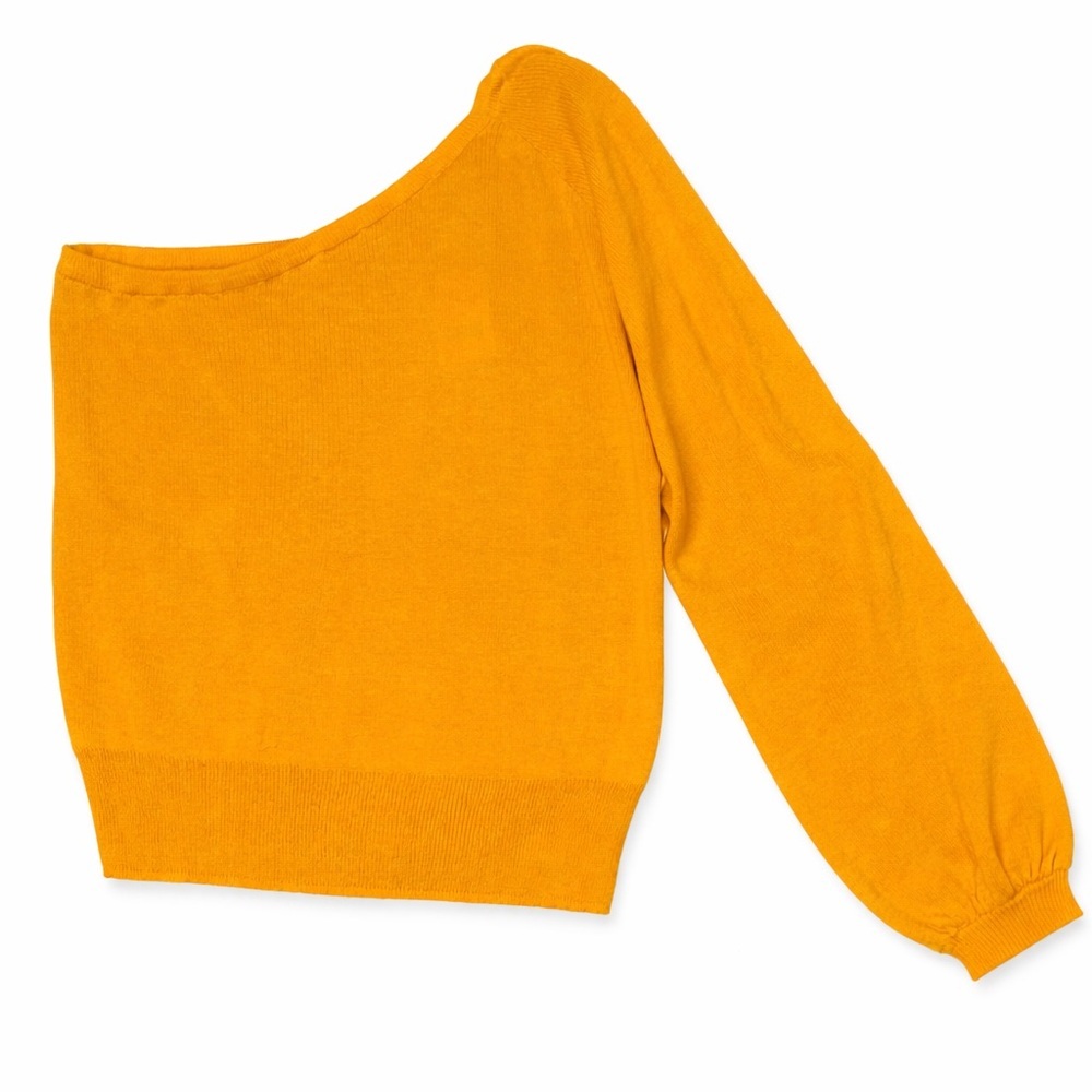 Willow & Root Mustard Yellow One Shoulder Sweater Top Boho Balloon Sleeve M NWT