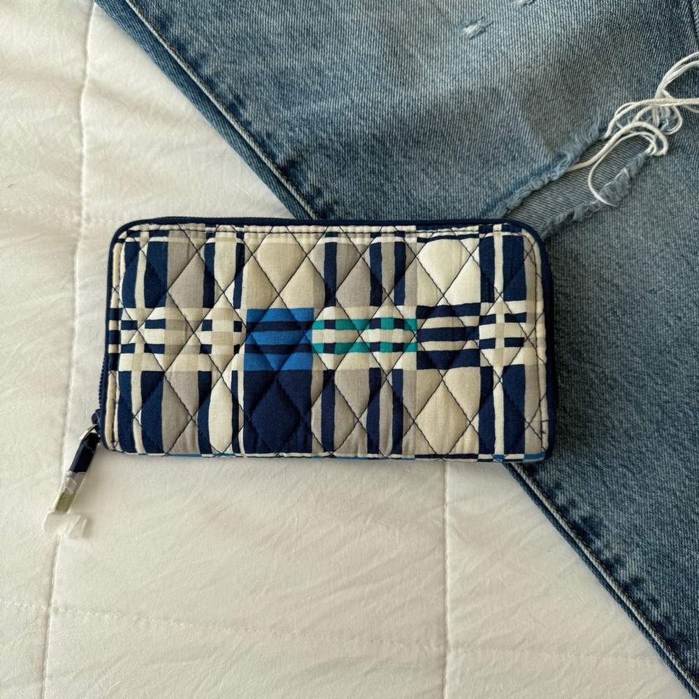 Vera Bradley Full Zip Wallet Blue Gray Teal Plaid Check Brand‎ New