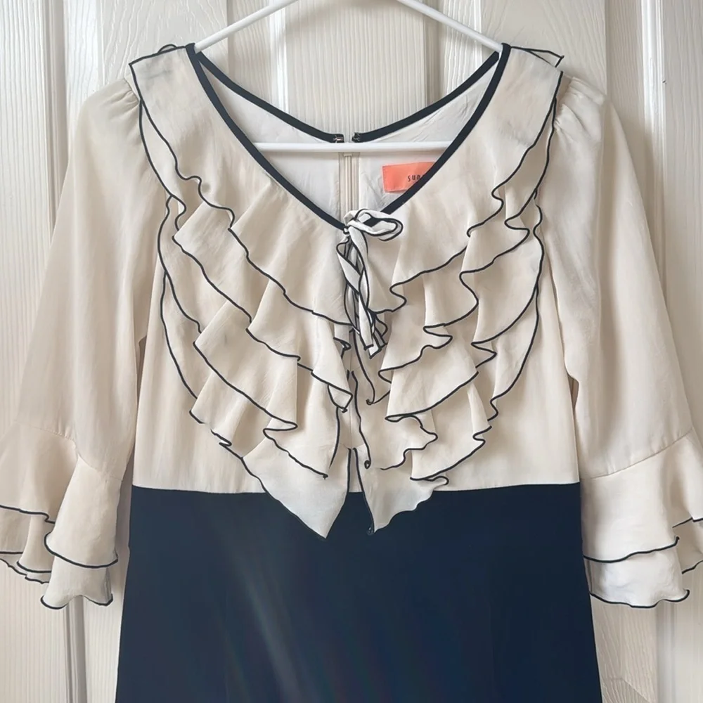 SunaUna 90s Ruffle Dress Sheath Velvet Goth Dress size 38 Ivory/Black Small - Picture 2 of 12