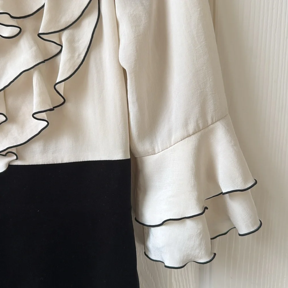 SunaUna 90s Ruffle Dress Sheath Velvet Goth Dress size 38 Ivory/Black Small - Picture 3 of 12