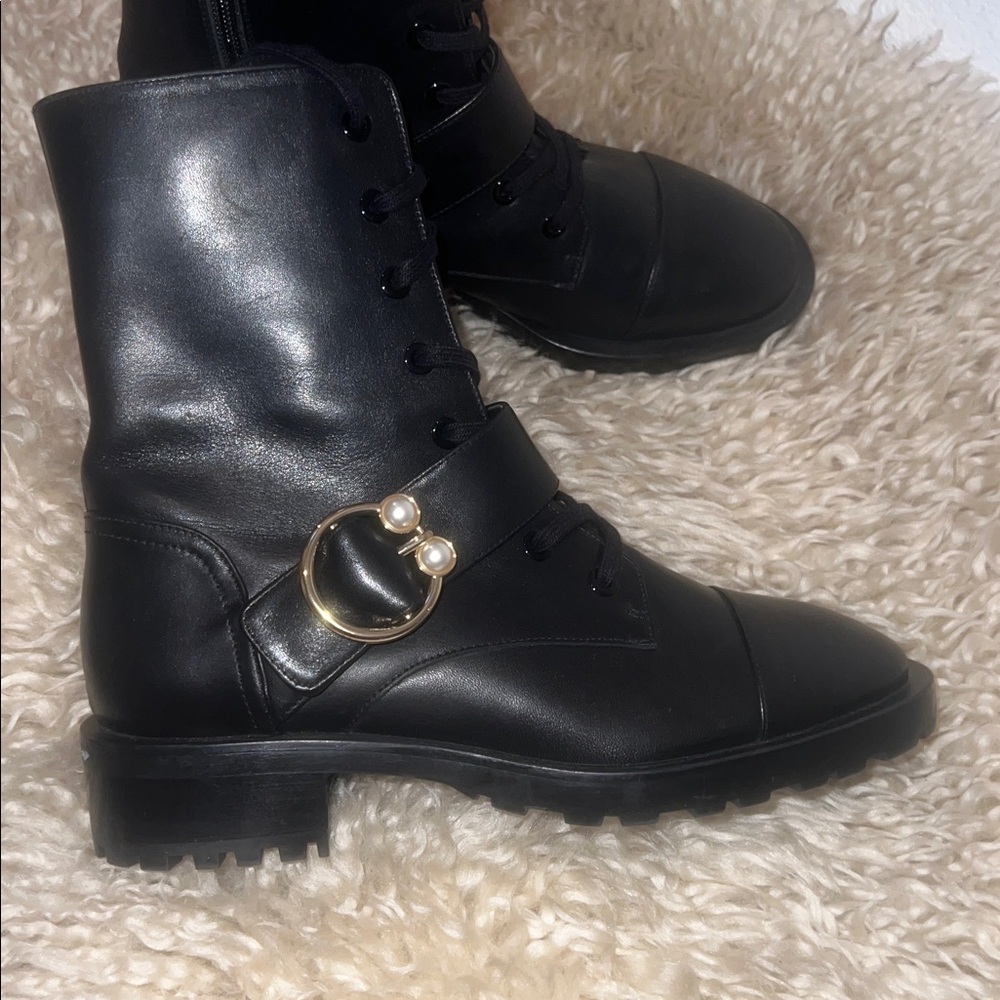 Stuart Weitzman Pearlring Leather Ankle Combat Bootie Black - Picture 6 of 13