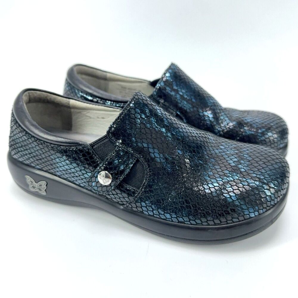 Womens Alegria Kara KAR-468XW Slip-On Black Blue Iridescent Leather Clogs 38