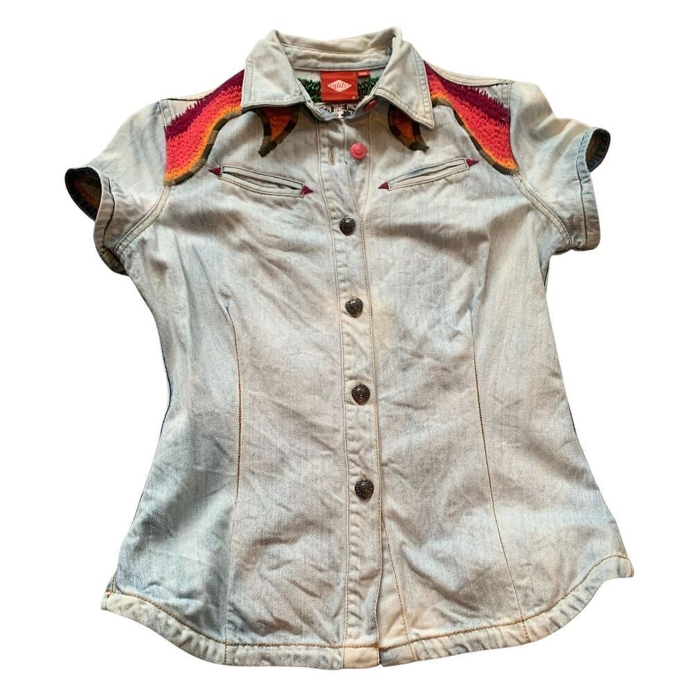 OILILY Summer Festival Balloon EMBROIDERED DENIM VEST SHIRT sz 36 S RARE