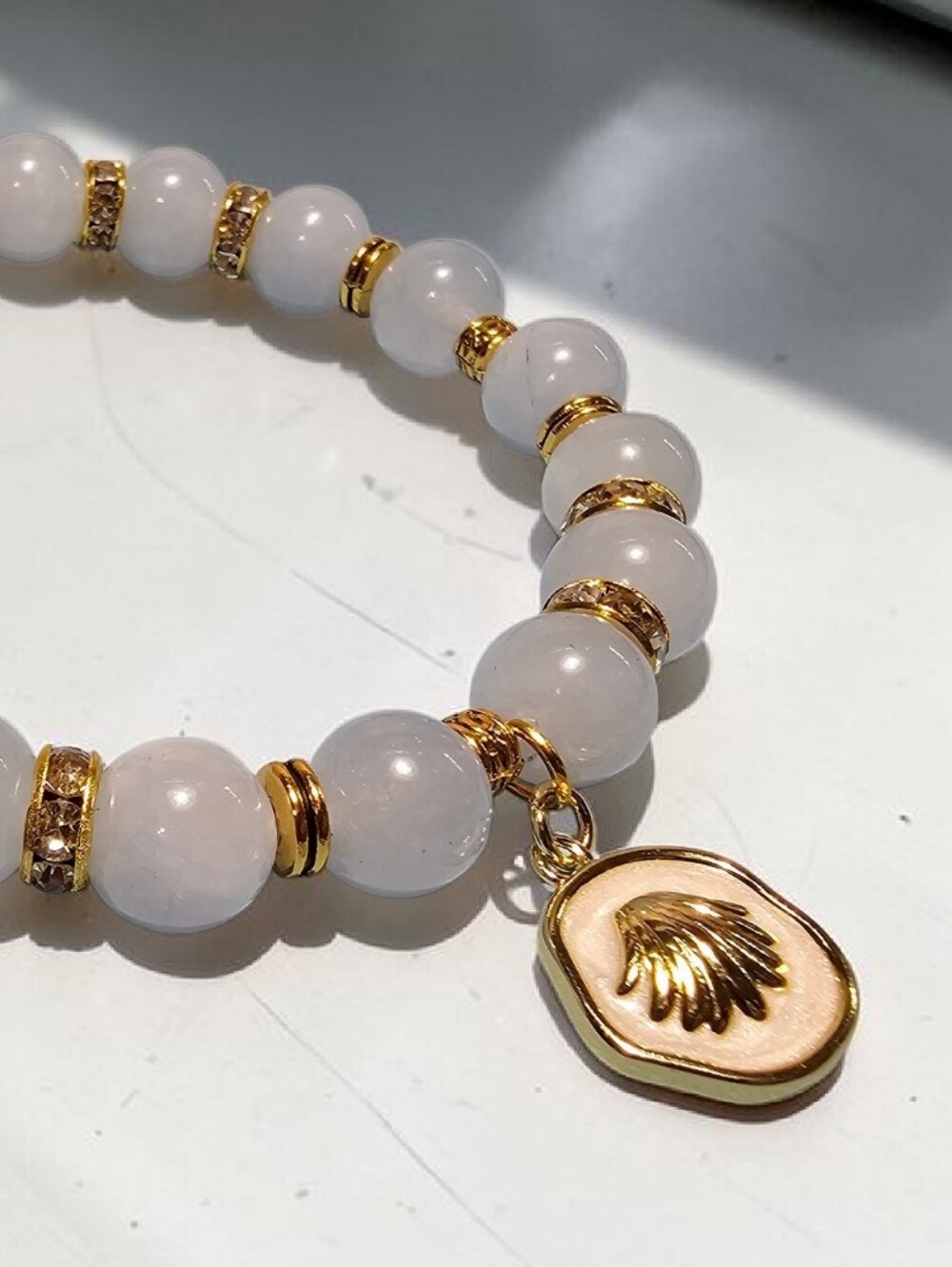 18k Gold Plated Charm Light Blue Beaded Stretch Bracelet