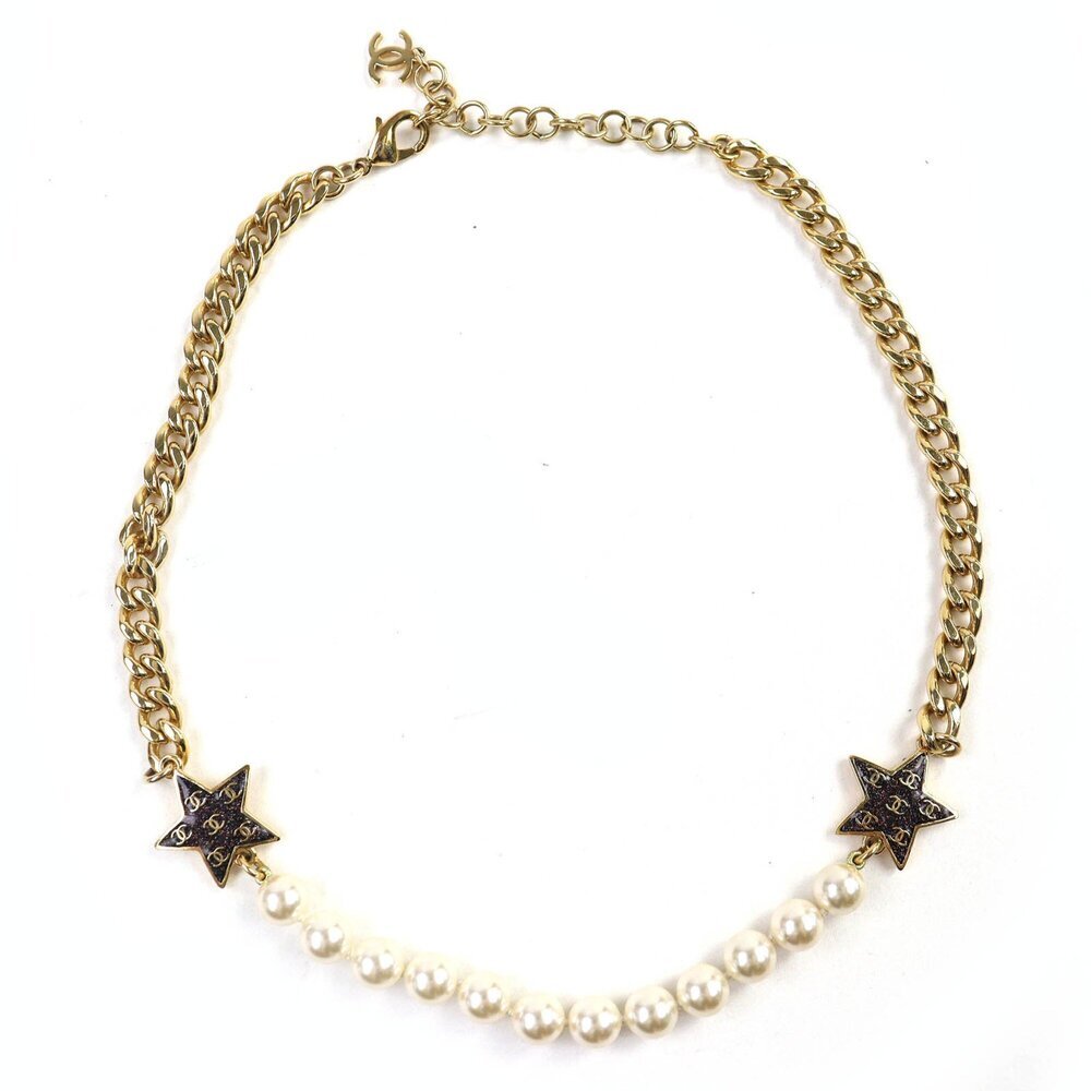 CHANEL Authentic White Pearl Logo Necklace