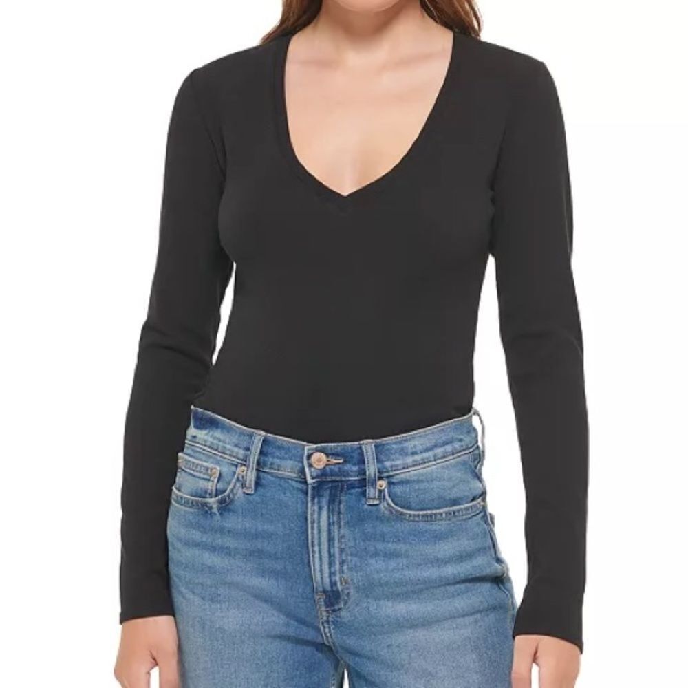 Calvin Klein Jeans Long-Sleeve V-Neck Bodysuit Black XS NWT IN‎ PACKAGING