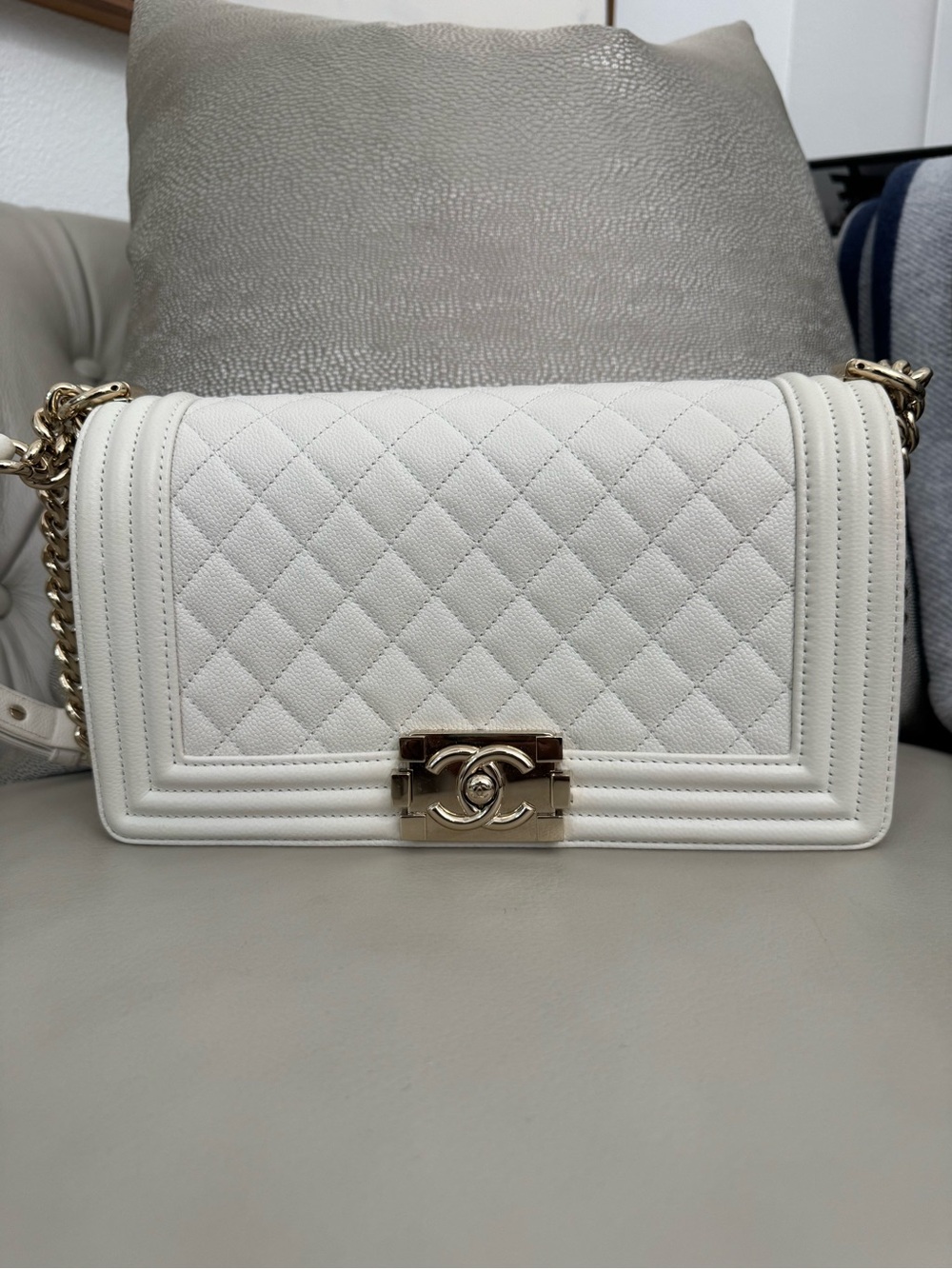 CHANEL White Quilted Boy Shoulder Bag with Gold Hardware