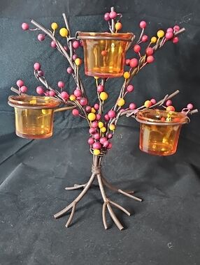 Vintage Amber Glass Tealight Holder Tree with Red and Yellow Berry Accents