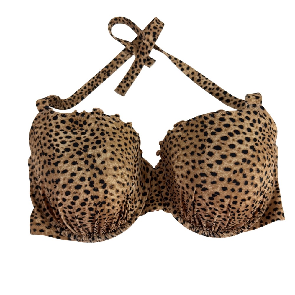 Shade & Shore 40 DDD Leopard Animal Print Ruffle Halter Bikini Top Swimsuit - Picture 3 of 11