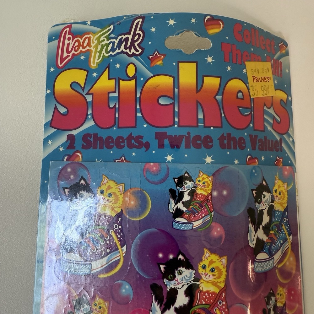 Lisa Frank Vintage TWO Sticker Sheet Kittens Cuddling In‎ Sneakers NOS
