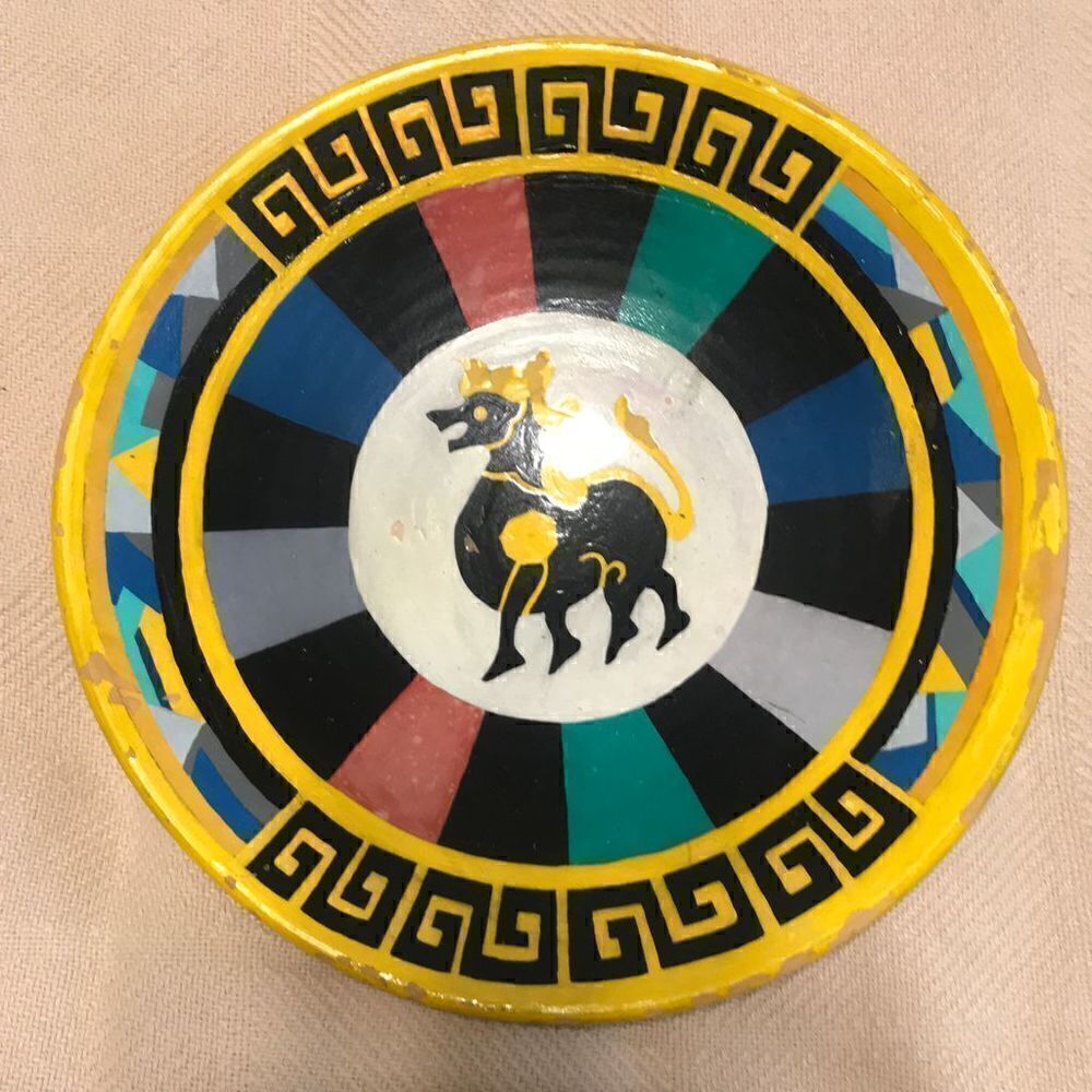 Vintage Ceramic Shallow Dish with Horse and Greek Key Design. Vintage Pottery