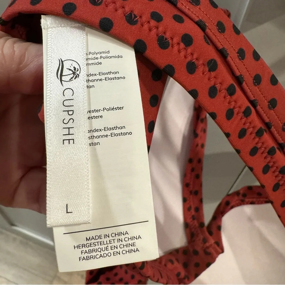Cupshe‎ Bikini Top Brick Red with Black Polka Dots Long Front Bow size Large - Picture 3 of 5